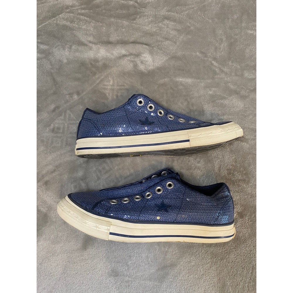 Converse Sneakers Women 7.5 Navy Blue One Star Low Top Sequin Sparkle Slip On - Picture 2 of 10